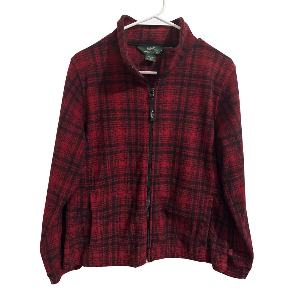 Woodblock women’s red plaid zip up jacket in Medium